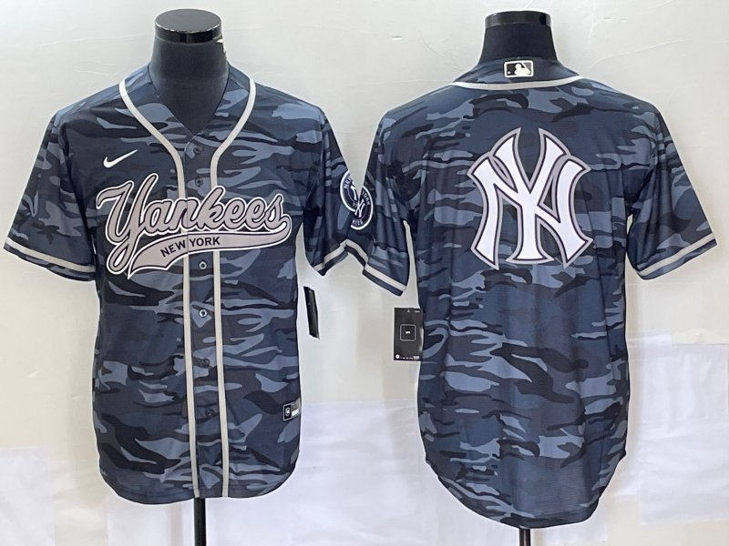 Men's New York Yankees Gray Camo Team Big Logo With Patch Cool Base Stitched Baseball Jersey